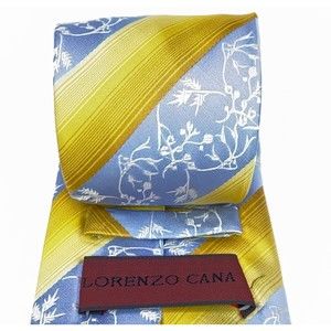 Light Blue Yellow Diagonal Striped Lorenzo Cana Tie Silk Hand Made Necktie